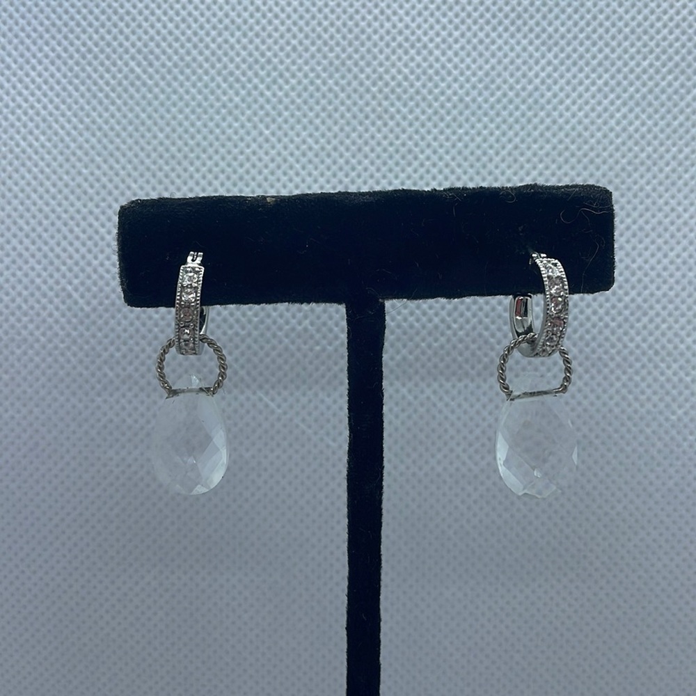 Silver Tone Latch Back Earrings with Rhinestones and Crystal Teardrop Dangle